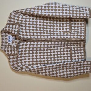 Pendleton Harlequin Tan and White Wool Blend Full-Zip Cardigan.  Size small.